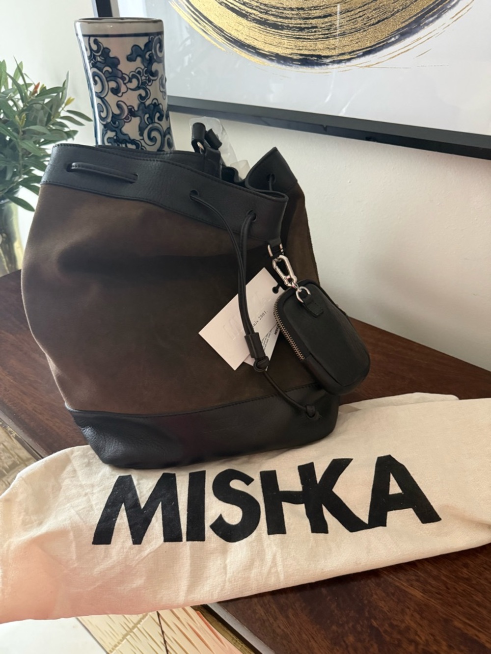 Mishka Brown & Black Leather Drawstring Bucket Bag with Pouch